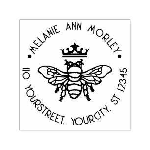 Queen Bee with Crown Round Name Return Address Self-inking Stamp