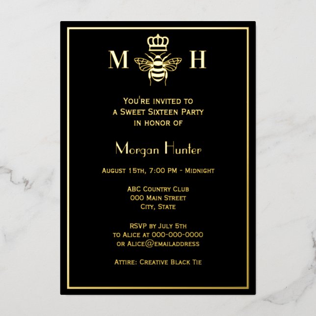 Queen Bee With Crown Sweet Sixteen Foil Holiday Card (Front)