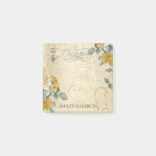 Queen Bee Yellow Gold Rose Floral Monogram 3x3 Post-it Notes
