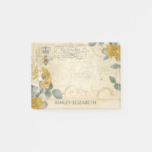Queen Bee Yellow Gold Rose Floral Monogram 4x3 Post-it Notes