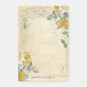 Queen Bee Yellow Gold Rose Floral Monogram 4x6 Post-it Notes