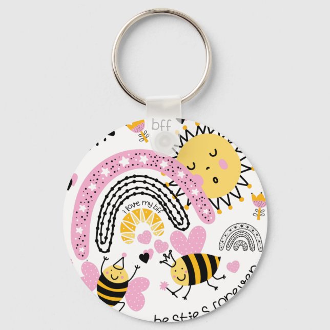 Queen Bees Best Friends Forever Cute BFF Girls Keychain (Front)