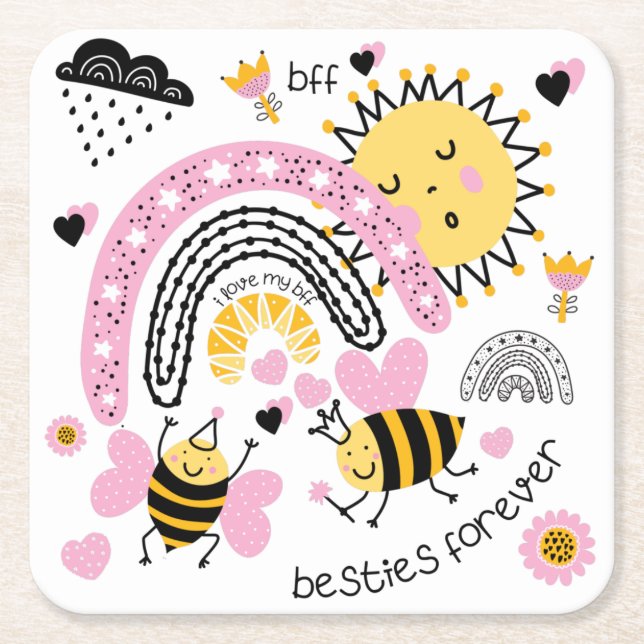 Queen Bees Best Friends Forever Cute BFF Girls Square Paper Coaster (Front)