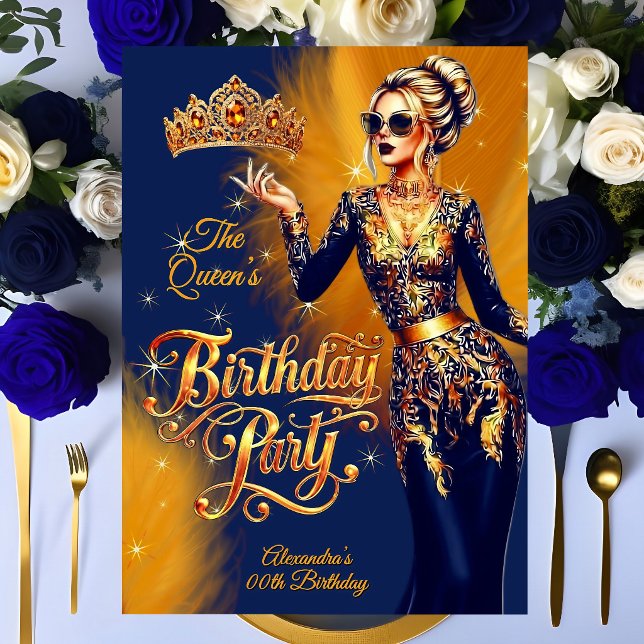 Queen Birthday Gold Orange Navy Blue Dress Party Invitation (Creator Uploaded)