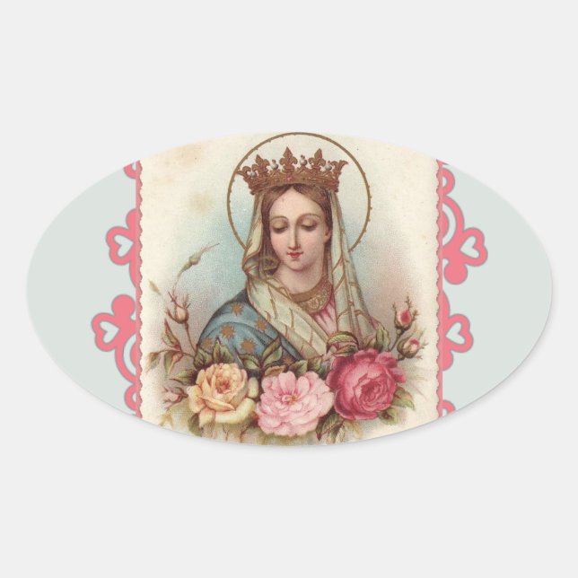 Queen Blessed Mother Virgin Mary Roses Oval Sticker (Front)