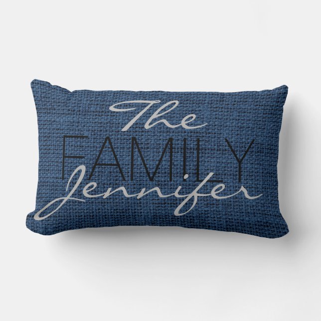 Queen Blue Burlap Rustic Linen Monogram Lumbar Pillow (Front)