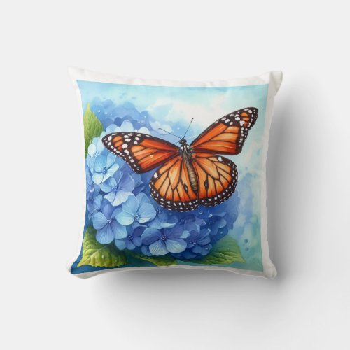Queen Butterfly on Hydrangea REF82 _ Watercolor Throw Pillow