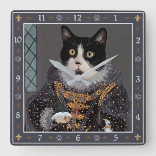 Queen Cat Tuxedo Kitty Funny Renaissance Portrait Square Wall Clock