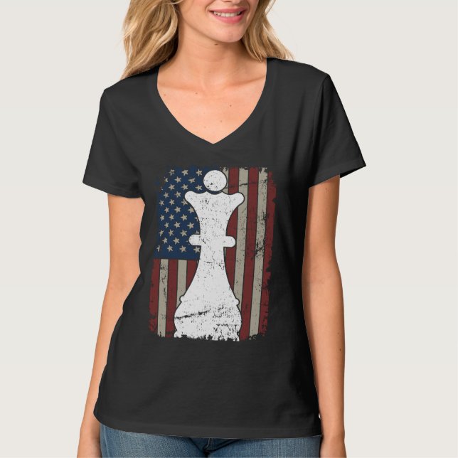 Queen Chess Piece USA Flag  Girl Ladies Womens Che T-Shirt (Front)