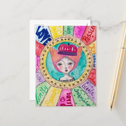 Queen Colorful Cute Fun Whimsical Watercolor Art Postcard