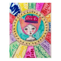 Queen Colorful Cute Fun Whimsical Watercolor Art Postcard