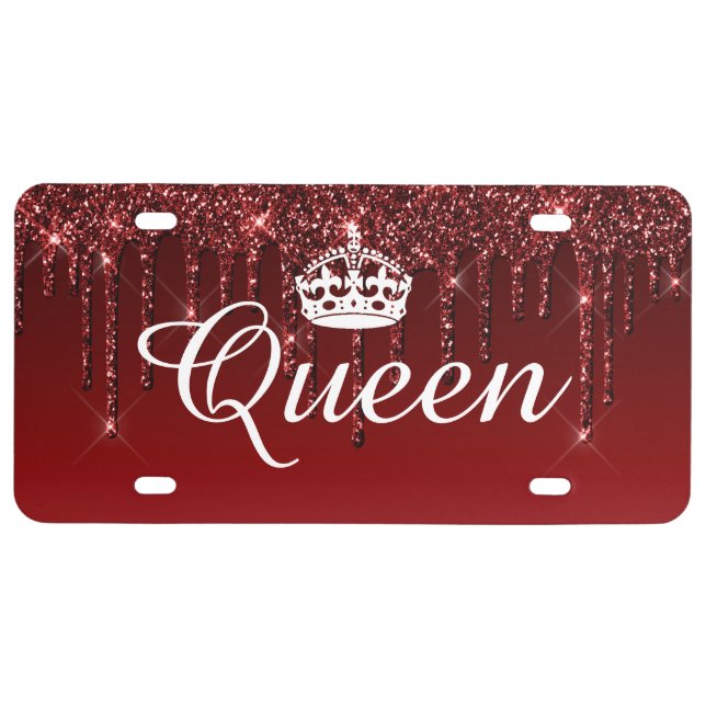 Queen Crown Drip Glitter Deep Red License Plate (Front)