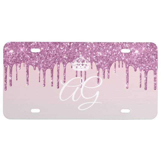 Queen Crown Drip Glitter Purple Pink License Plate (Front)