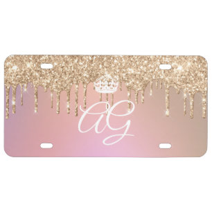 Queen Crown Drip Glitter Rose Gold License Plate
