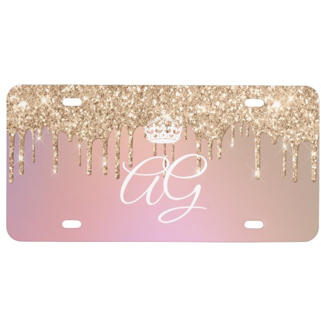 Queen Crown Drip Glitter Rose Gold  License Plate (Front)