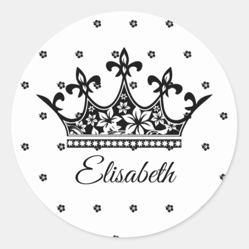 Queen crown floral black white beautiful vintage  classic round sticker