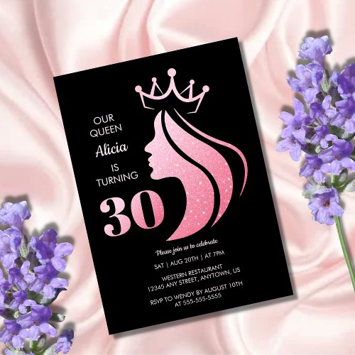 Queen Crown Pink Glitter Black 30th Birthday Invitation