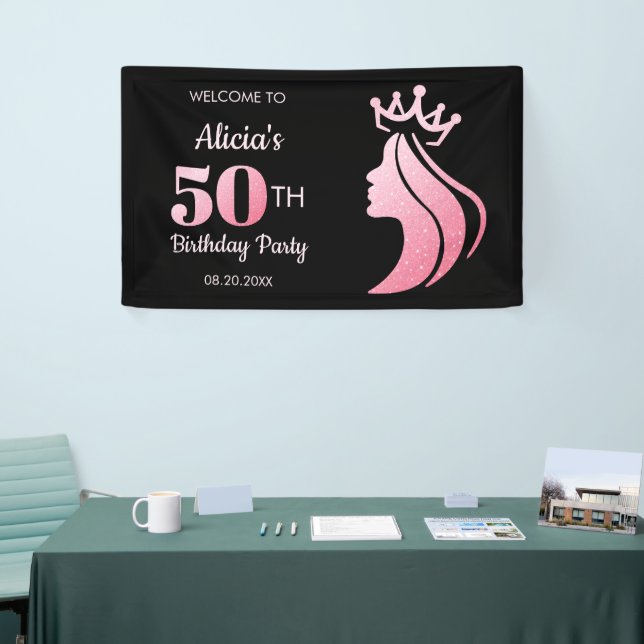 Queen Crown Pink Glitter Black 50th Birthday Banner (Tradeshow)