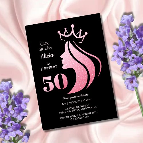 Queen Crown Pink Glitter Black 50th Birthday Invitation