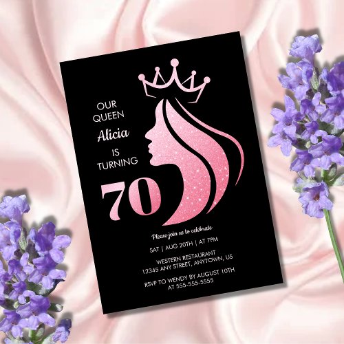Queen Crown Pink Glitter Black 70th Birthday Invitation