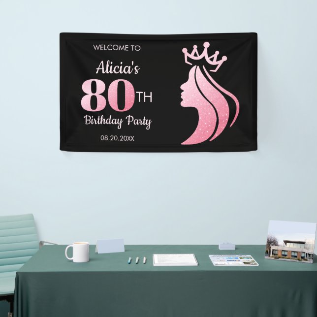 Queen Crown Pink Glitter Black 80th Birthday Banner (Tradeshow)