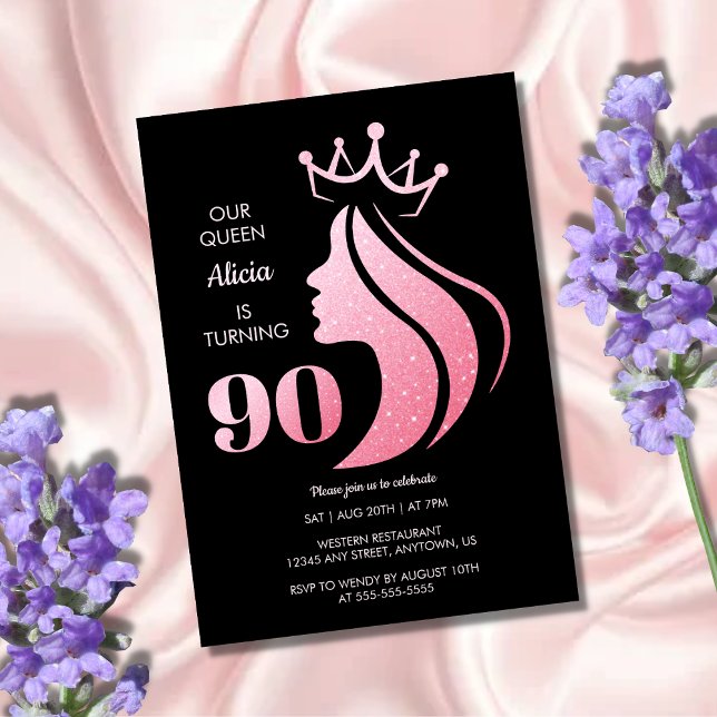 Queen Crown Pink Glitter Black 90th Birthday Invitation (Creator Uploaded)