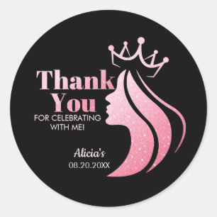 Queen Crown Pink Glitter Black Birthday Thank You Classic Round Sticker