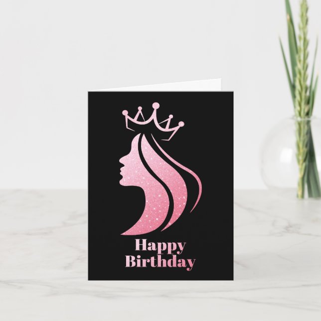 Queen Crown Pink Glitter Black Happy Birthday Card (Front)