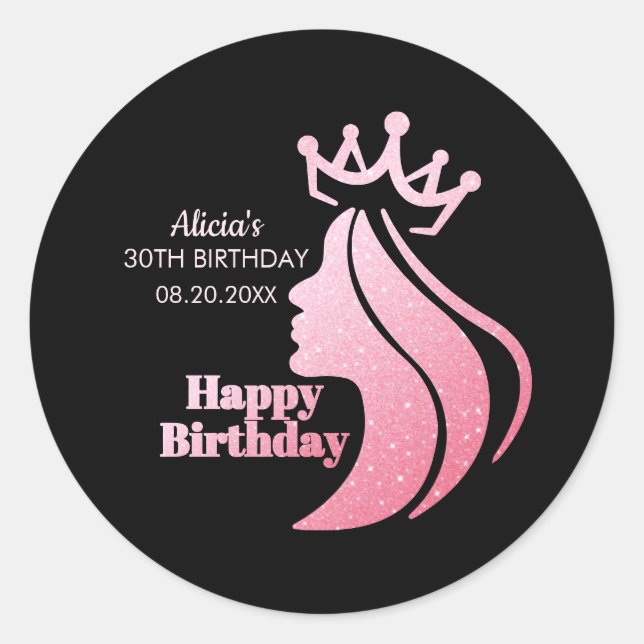 Queen Crown Pink Glitter Black Happy Birthday Classic Round Sticker (Front)