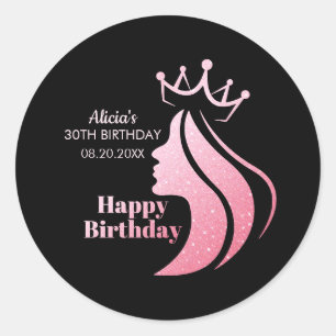 Queen Crown Pink Glitter Black Happy Birthday Classic Round Sticker