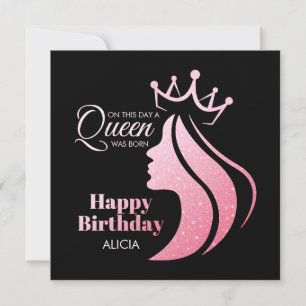 Queen Crown Pink Glitter Black Happy Birthday Holiday Card