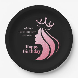 Queen Crown Pink Glitter Black Happy Birthday Paper Plates
