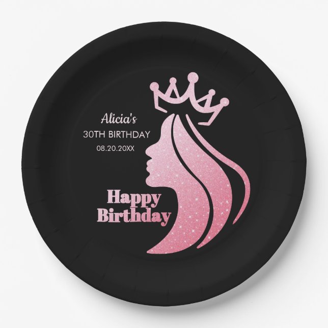 Queen Crown Pink Glitter Black Happy Birthday Paper Plates (Front)