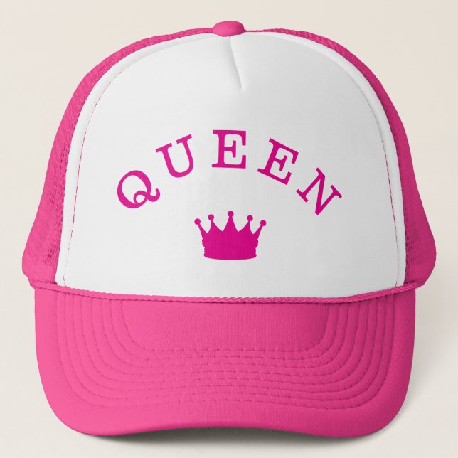 QUEEN Crown Script Graphic Modern Royal Look Trucker Hat (Front)
