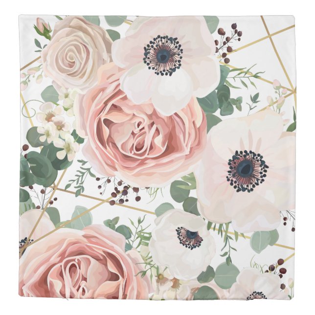 Queen Duvet Cover Geometric Garden Rose Anemone (Back)