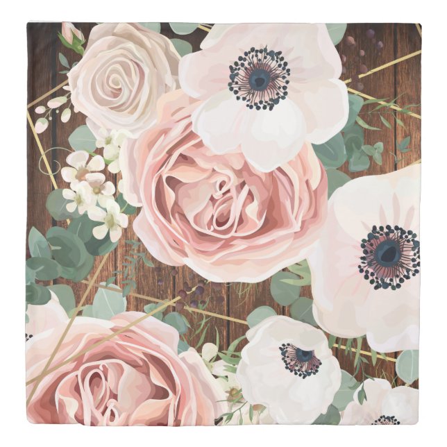 Queen Duvet Cover Geometric Garden Rose Barn Wood (Front)