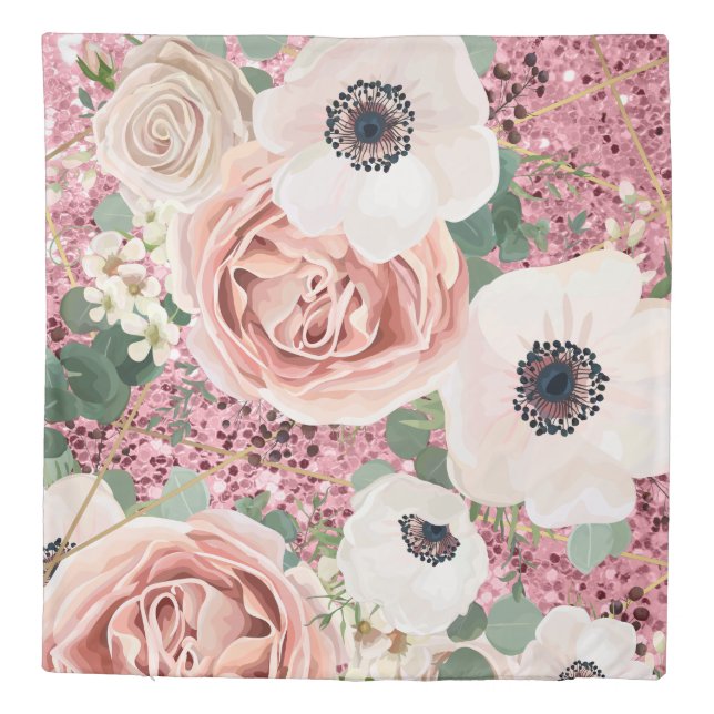 Queen Duvet Cover Geometric Garden Rose Glitter (Back)