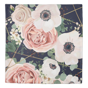 Queen Duvet Cover Geometric Garden Rose Navy Blue