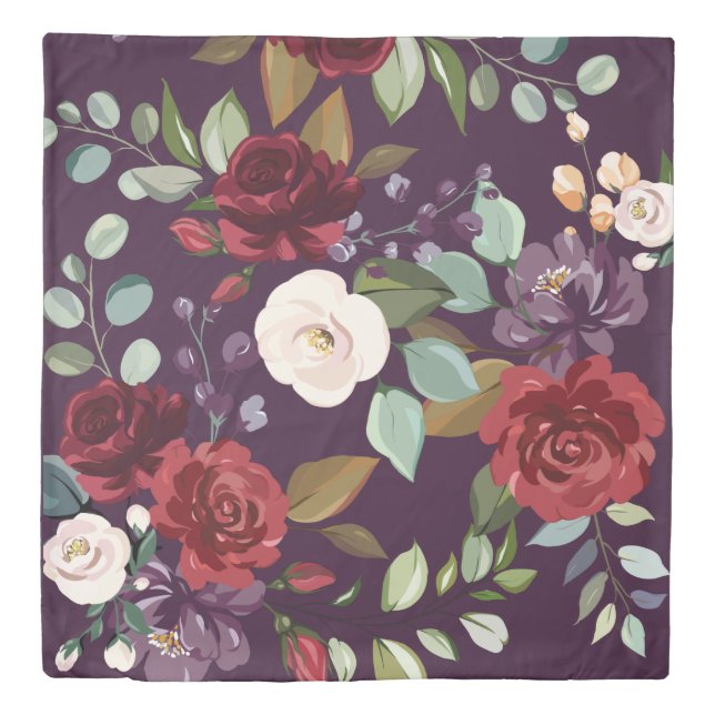 Queen Duvet Cover Plum Purple Roses Gold Geometric (Front)