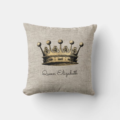 Queen Elizabeth Custom Text Vintage Gold Crown Lum Throw Pillow