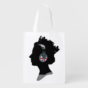 QUEEN ELIZABETH & DJ HEADPHONES WITH BRITISH FLAG REUSABLE GROCERY BAG