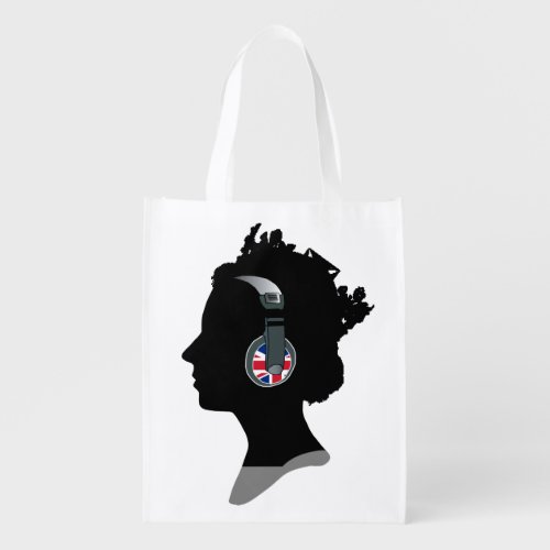  QUEEN ELIZABETH  DJ HEADPHONES WITH BRITISH FLAG REUSABLE GROCERY BAG