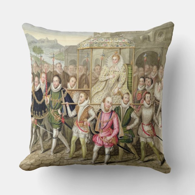 Queen Elizabeth I in procession with her Courtiers Throw Pillow (Front)