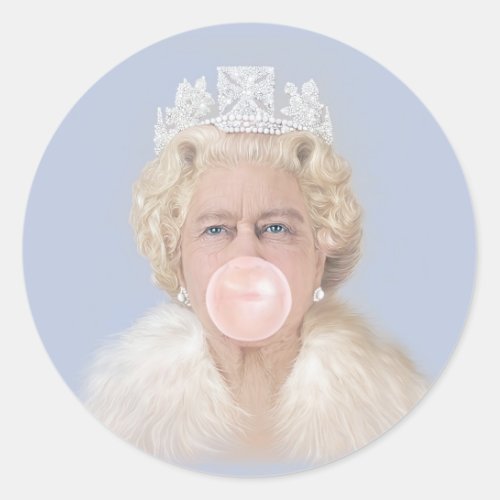 Queen Elizabeth II blowing a pink bubble gum Classic Round Sticker