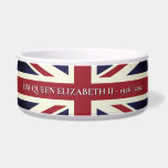 Queen Elizabeth II Union Jack Pet Bowl<br><div class="desc">Our Queen Elizabeth II Union Jack Pet or Key Bowl is the great way to celebrate the life of an icon.  Custom design features the iconic United Kingdom Flag,  the Union Jack,  joined with dates:  1926-2022.  The perfect gift for anglophile friends.  Volume discounts available.</div>