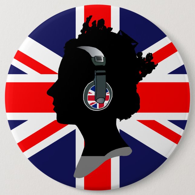 QUEEN ELIZABETH WITH HEADPHONES AND UK FLAG BUTTON (Front)