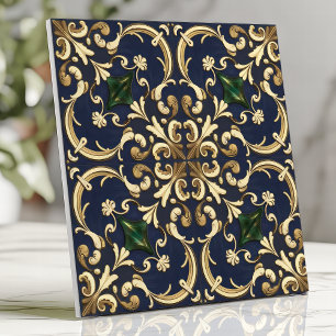 Queen Esther Damask Scroll Navy Blue Gold Ceramic Tile