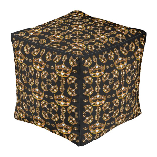 Queen hearts gold crown tiara black cube pouf (Angled Back)