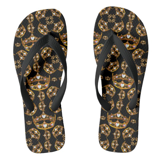 Queen hearts gold crown tiara black flip flops (Footbed)