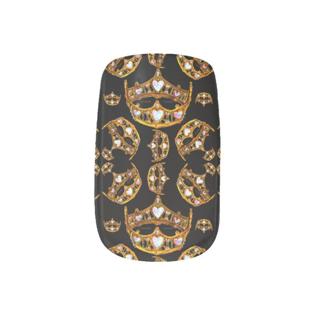 Queen hearts gold crown tiara black Minx nail art (Left Thumb)